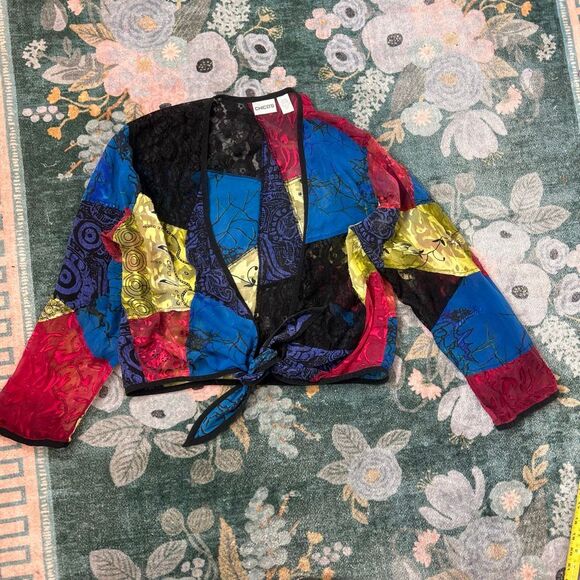 Chico's Silk Lace patchwork Top Women Large Multicolor Velvet Tie Front blouse 2 - Picture 7 of 15